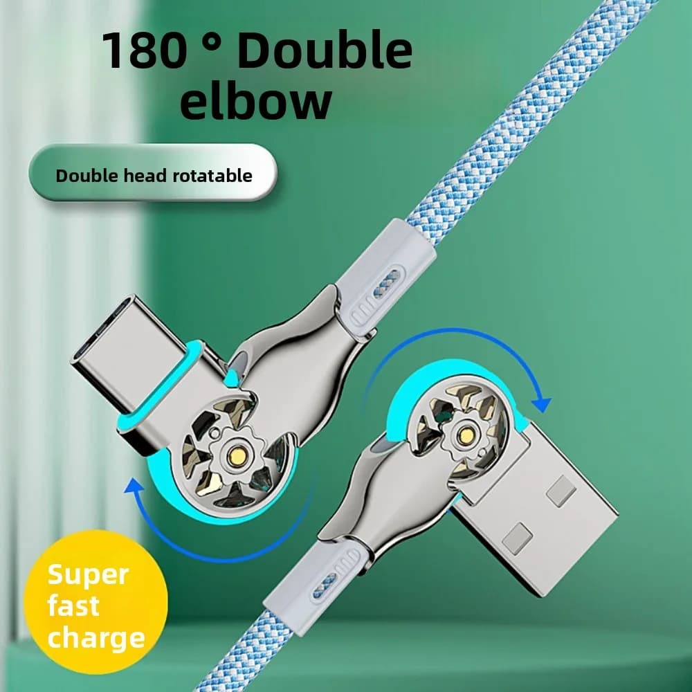 Cavo Dati a Doppia Curvatura 180 Gradi Tipo C/Micro USB 66W, Cavo di Ricarica Rotante per Telefono, Ricarica Rapida, Cavo Dati a Gomito con Rivestimento Intrecciato