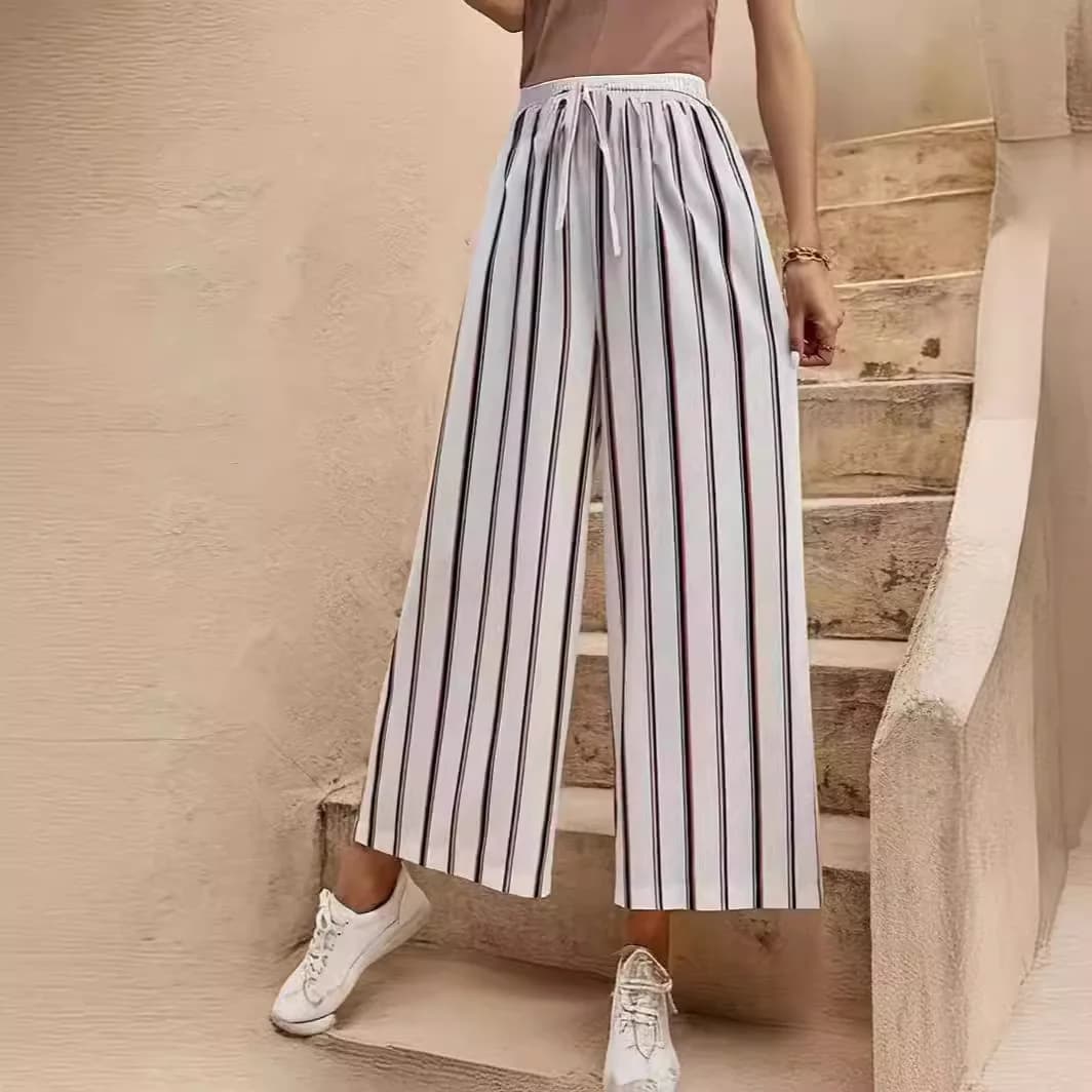 2024 Abbigliamento Pantaloni da donna con cintura a gamba larga a vita alta a righe con tasche Pantaloni lunghi casual larghi sottili estivi