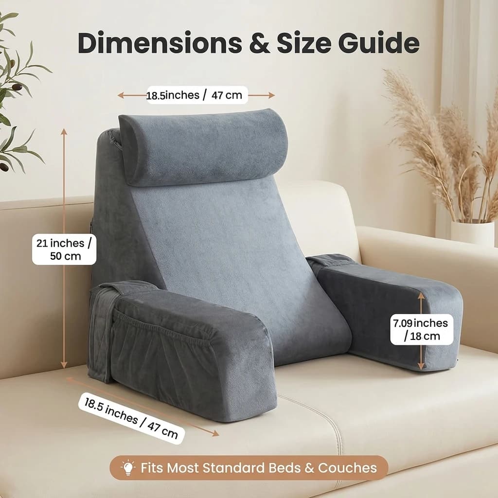 Ergonomic Reading Pillow with Armrest Premium High Density Shredded Foam Backrest for Bed Sofa and Floor Extra Large BackSupport