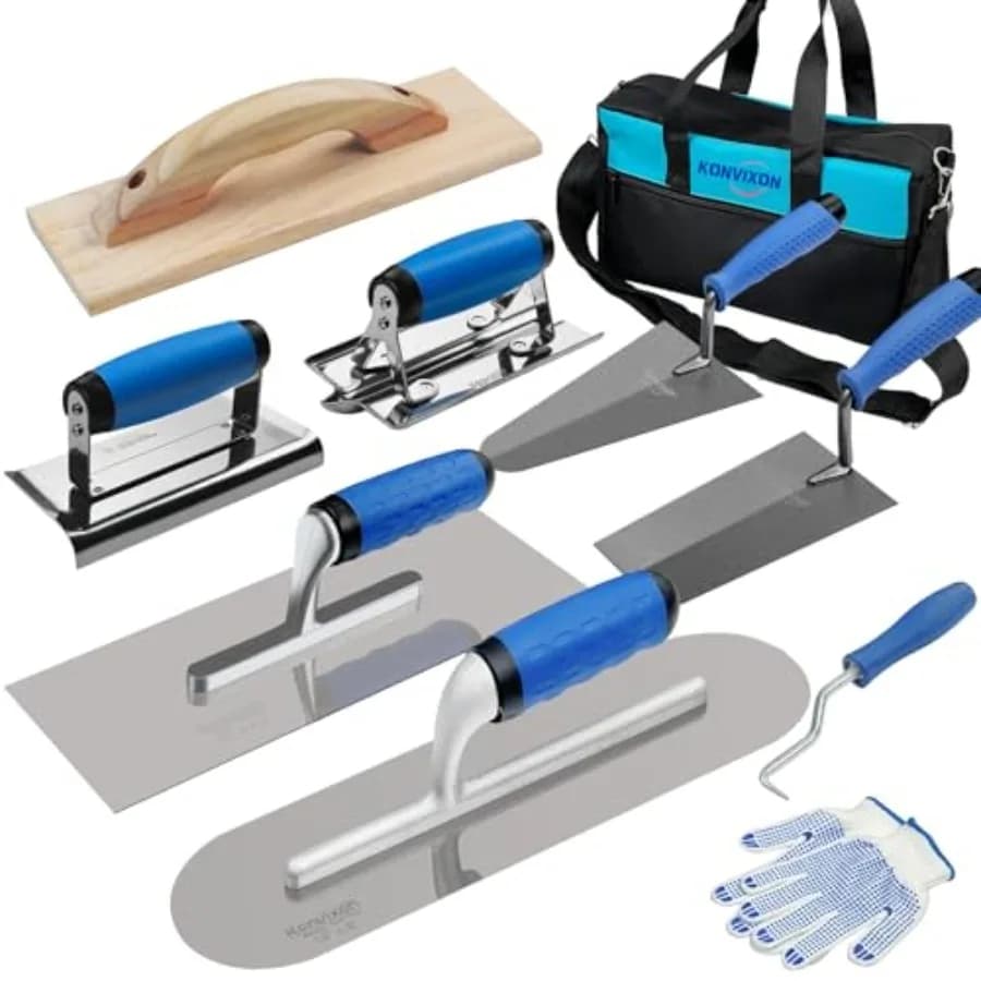 Set di 10 Utensili per Calcestruzzo e Muratura, Include Spatola Grande per Finitura, Spatola per Bordi Piscina, Frattazzo in Legno e Strumento per Bordi in Calcestruzzo