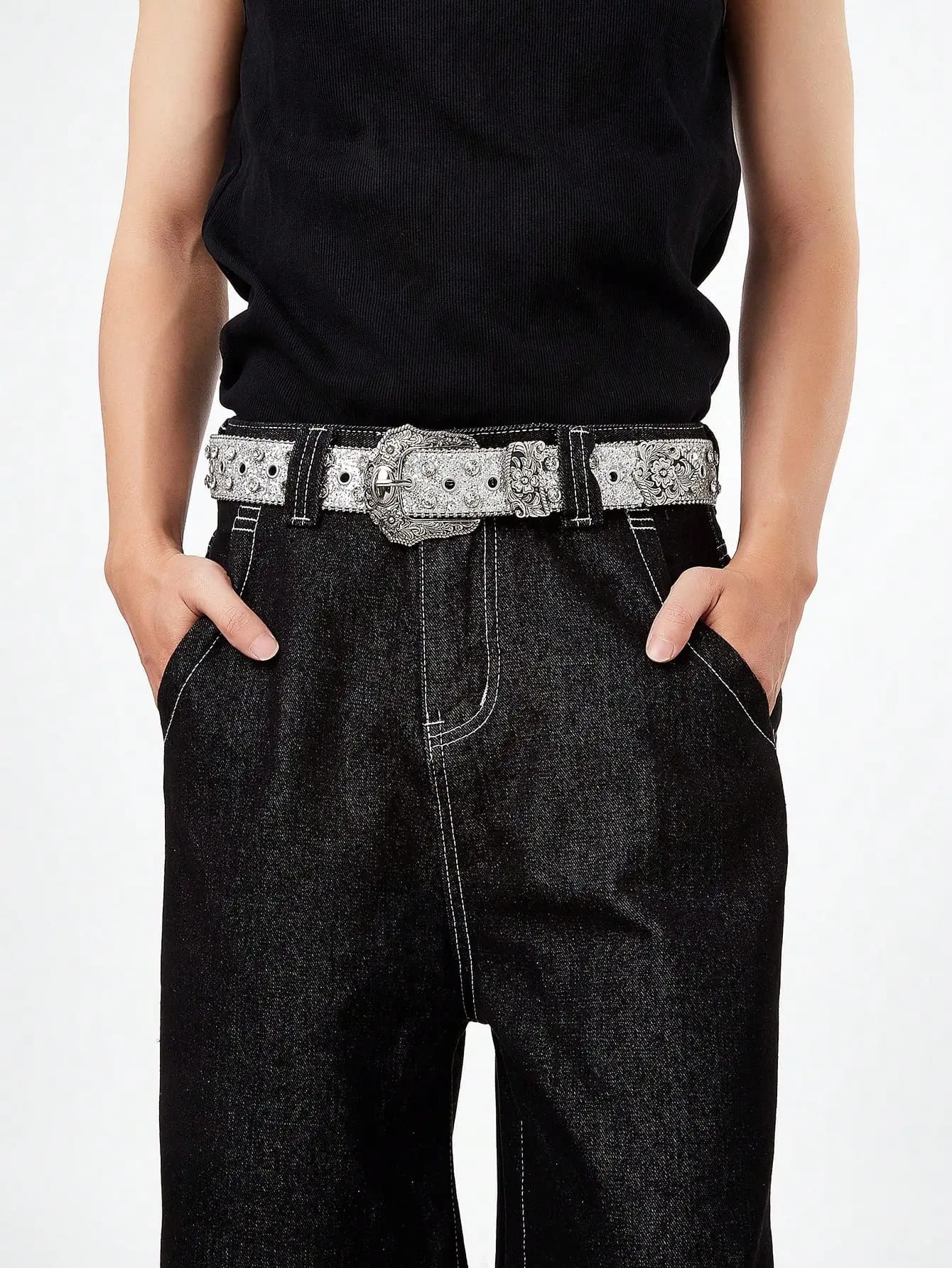 Cintura da uomo in stile metallo Y2K con diamanti in stile western argento da 1 pezzo per pendolarismo in quattro stagioni e accessori jeans all-match