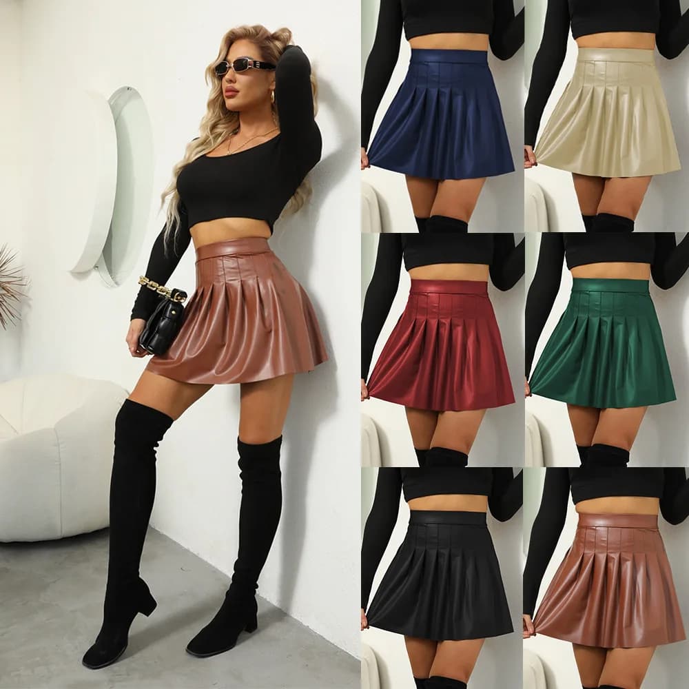 Sexy Club Style PU Pleated Skirt Women's High Waist Short Pants Spring Season Fashion Commute Brand Unbranded