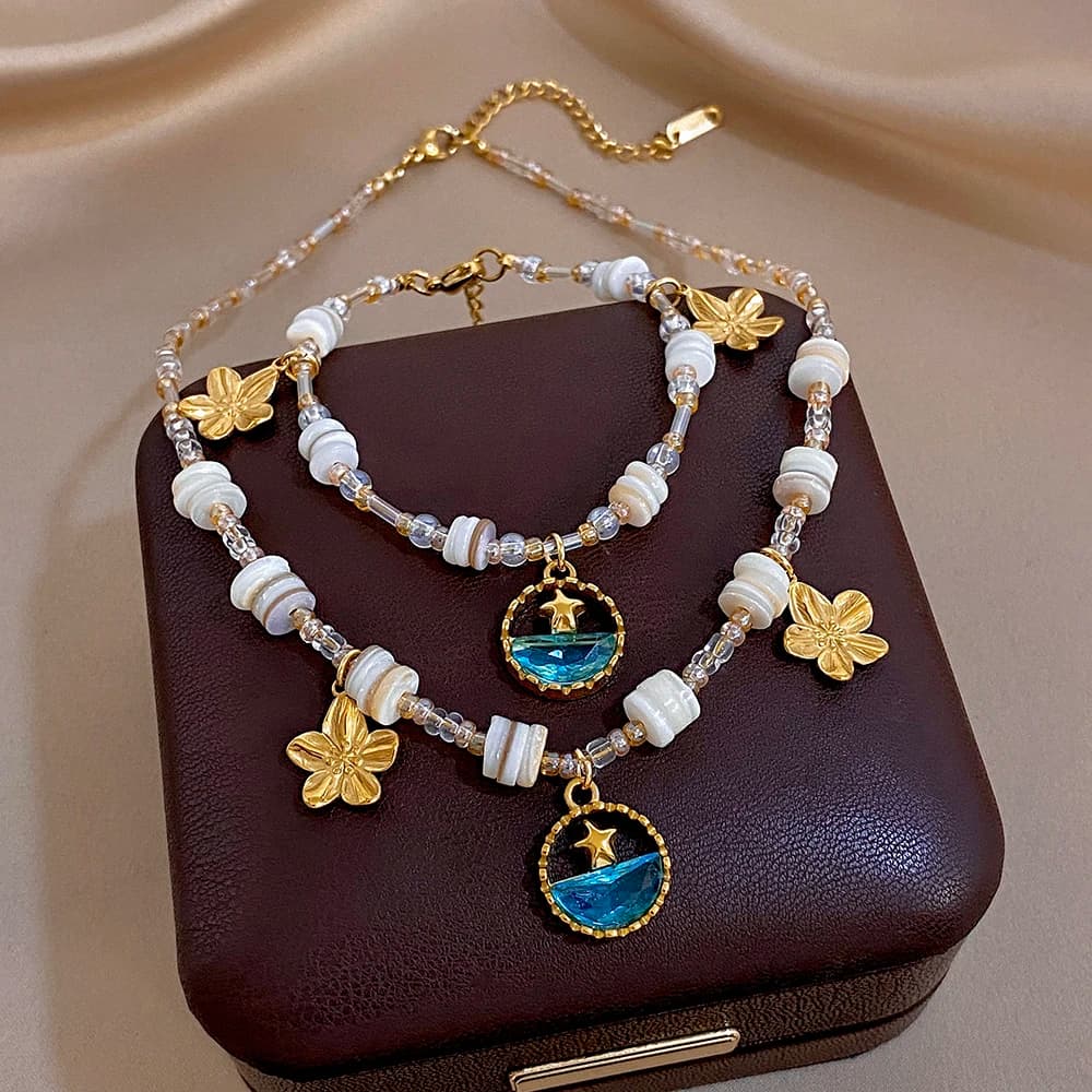 Freetry Trendy Stainless Steel Star Flower Pendant Necklace Bracelet for Women Boho Seed Beaded Choker Bangle Jewelry Set Gifts