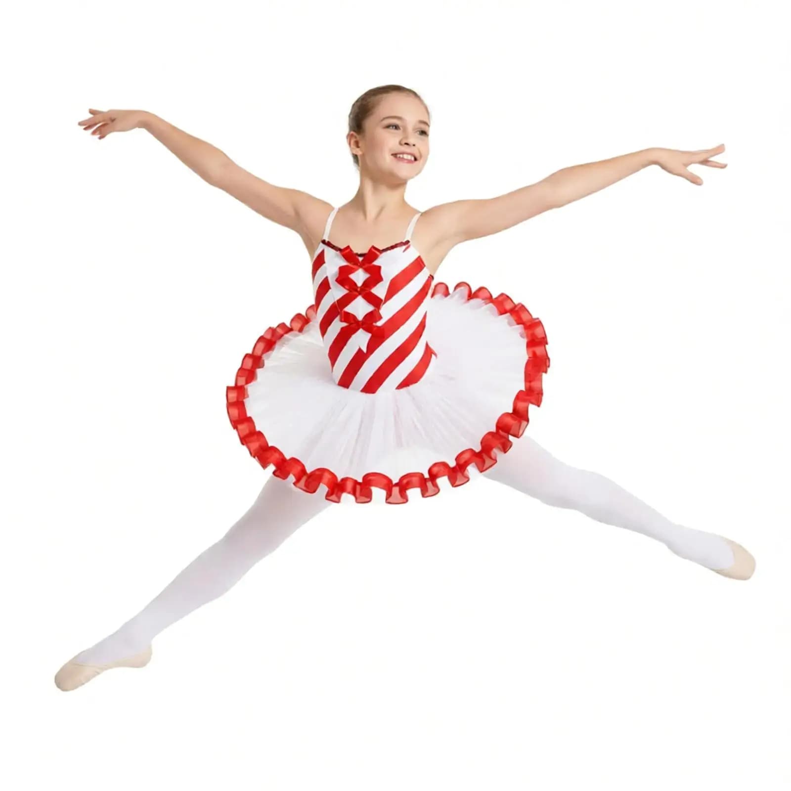 Sequins Striped Christmas Dance Dress Girls Mesh Tutu Ballet Figure Ice Skating Leotard Dress Candy Cane Mrs Santa Claus Costume