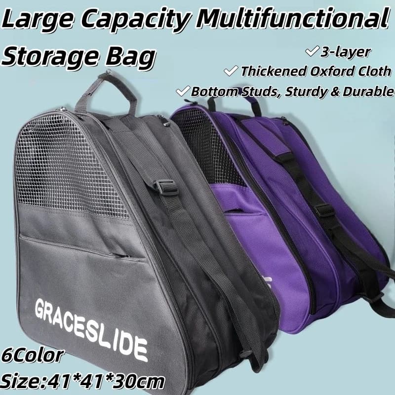 Large Capacity Skate Bag 3-Layer Ice Skate Backpack for Kids Adults Ice Blade Skates Roller Skates Storage Bag with Side Pockets