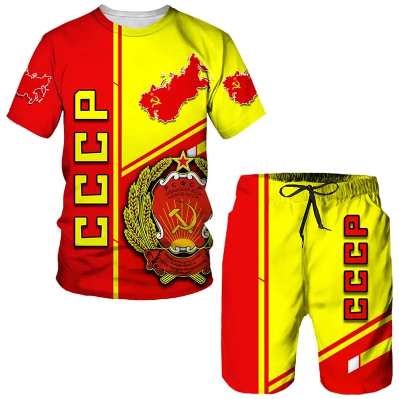 Men Tracksuit CCCP Russian 3D Print T-shirt Shorts Sets 2 Pieces USSR Soviet Union Style Streetwear Oversized Sportswear Suits