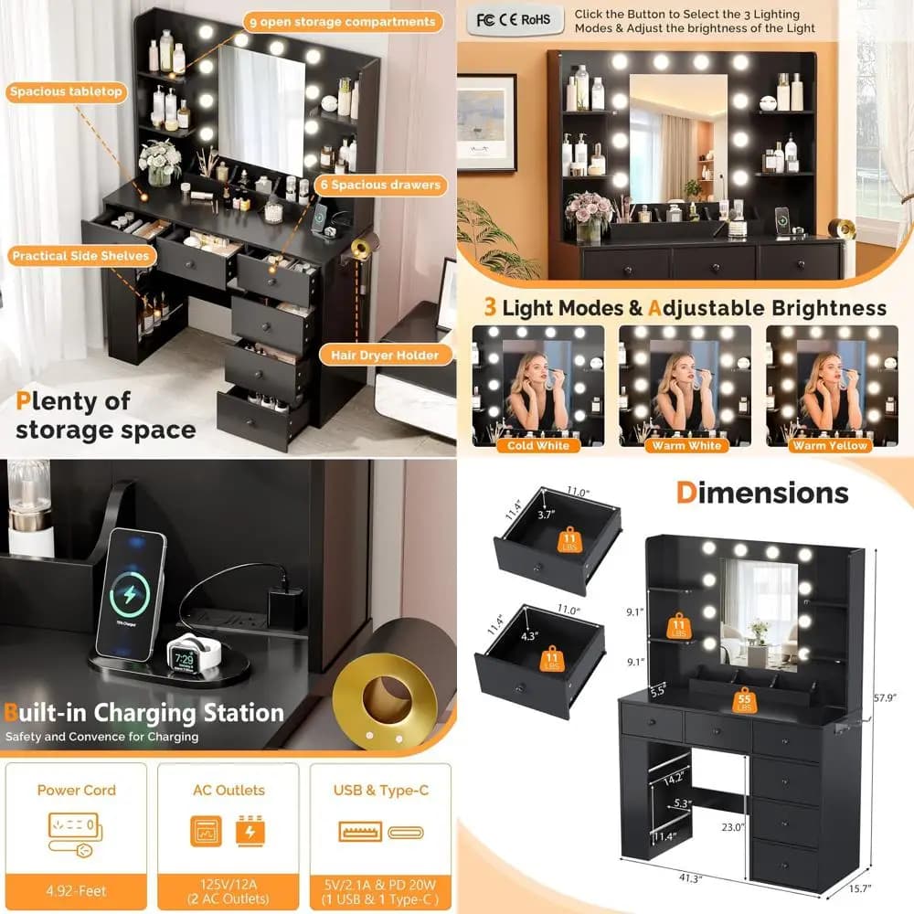 Toeletta Trucco con Specchio, Luci, Cassetti Contenitori, Table Trucco Nero 58 Pollici, Lampadine Integrate, Station Refill and Support Hair dryer