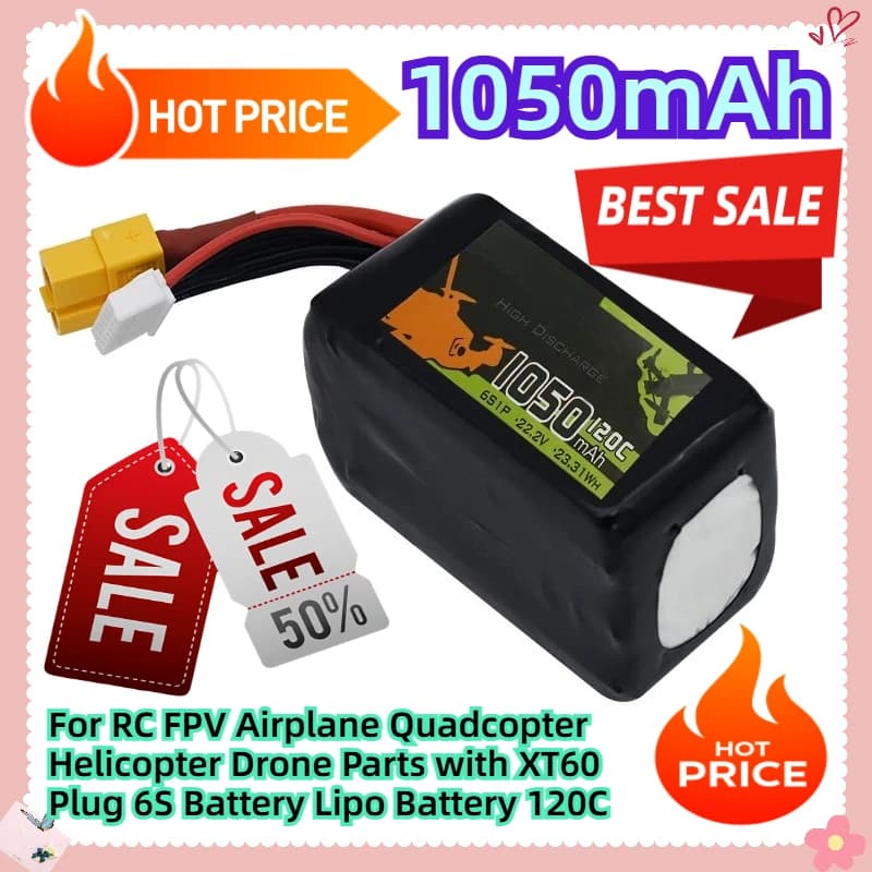 22.2V 1050mAh Per RC FPV Aereo Quadcopter Elicottero Drone Parti con XT60 Spina 6S Batteria Lipo Batteria 120C