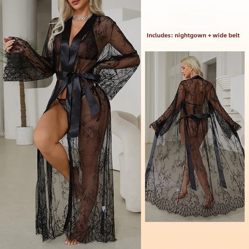 Set of 2 pieces sexy woman lace night shirt gown set lingerie transparent night dresses V neck long sleeve homewear with belt wide