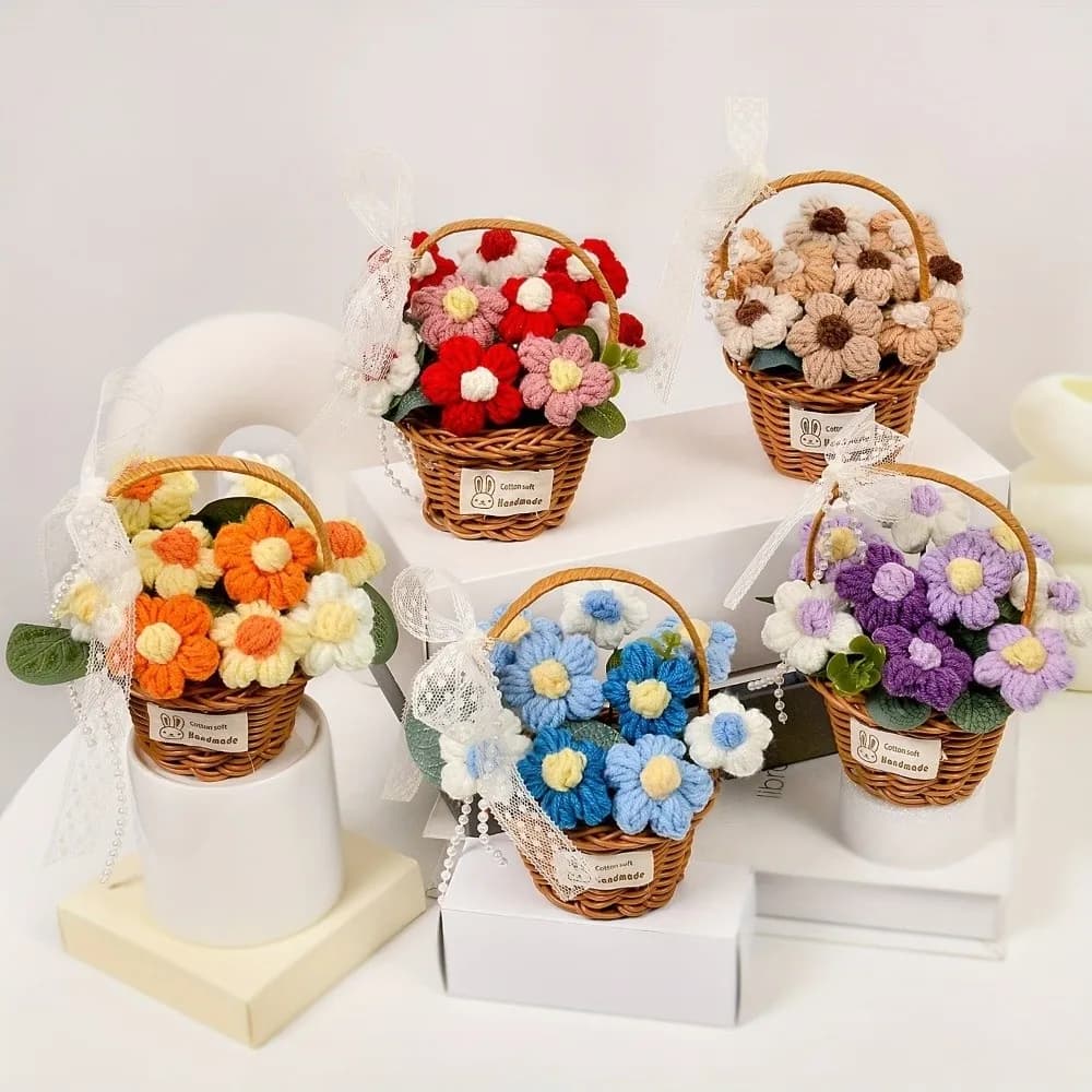 Fiore in Filato Soffiato Fatto a Mano, Mini Decorazione da Scrivania, Fiore Artigianale, Prodotto Finito, Cesto Portatile, Fiore Finto