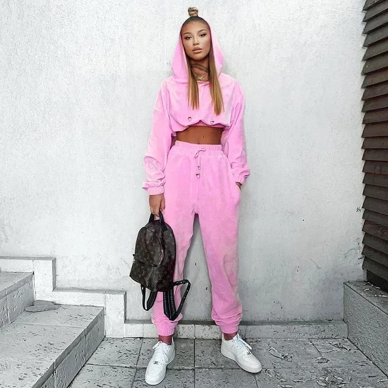 Women's sports suit in Two Pieces, Autumn Winter, in Pile Thick and Hot, Suit with Hood and Pants