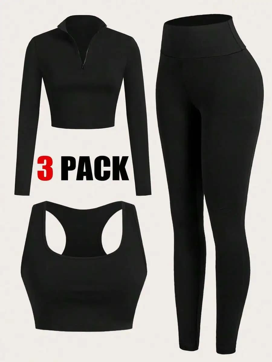 Set da allenamento da donna in 3 pezzi: top a maniche lunghe con cerniera, reggiseno sportivo, leggings a vita alta