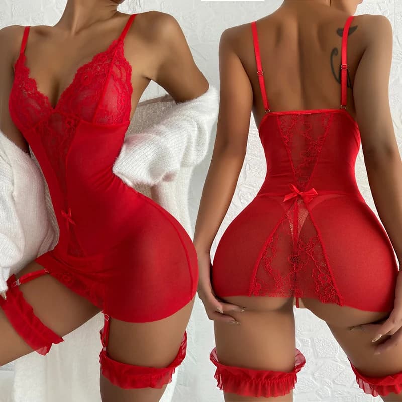 Red Plus Size Erotic pyjamas Crotchless Lingerie women pajamas Set lace shirt night shirt deep V Sling night shirt with garter