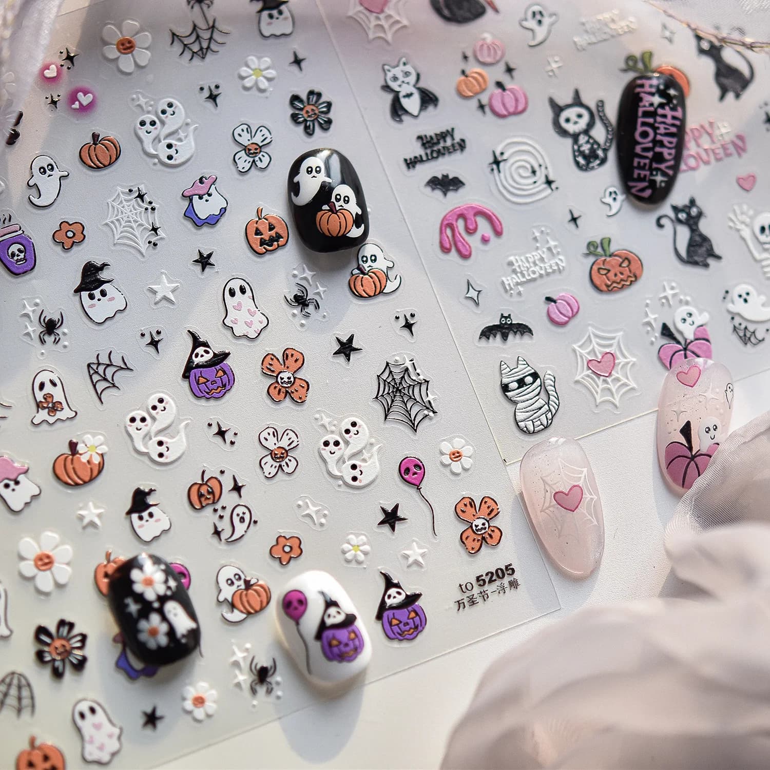 1Pc 5D Halloween Nail Art Stickers Zucca Fantasma Gatto Nero Pipistrello Ragno Teschio Decalcomanie adesive Cursori festivi Decorazione manicure