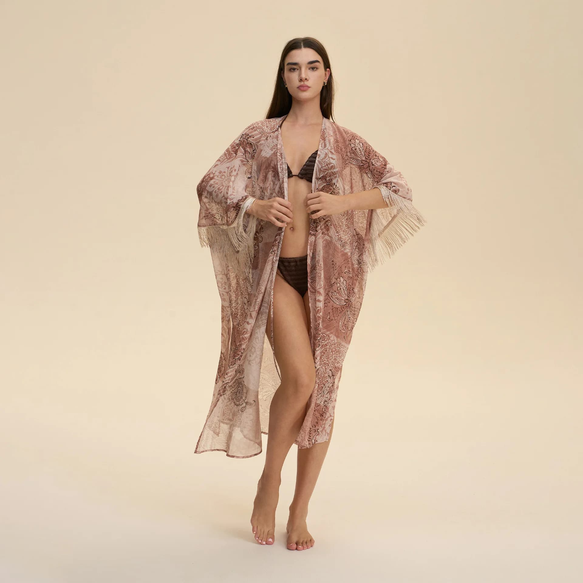 Cuff with tassel Print Jersey Flower Dress Night Shirt Chiffon Nightwear Kimono Bathrobe Solar Protection Cardigan Sexy Beach Bikini Cover Robe