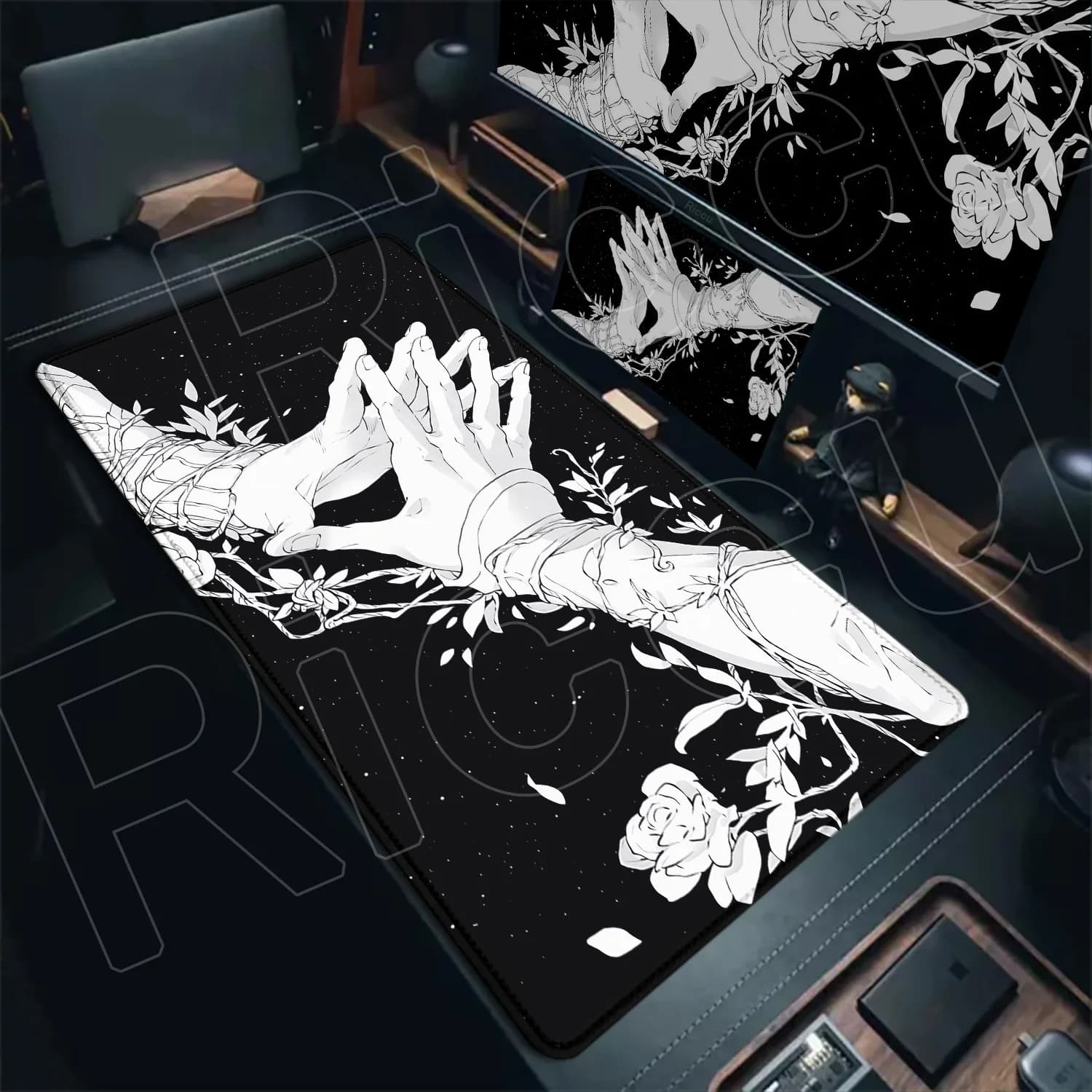 Tappetino per mouse XXL gotico bianco e nero HD, grande, con disegno artistico, per PC, gaming, casa, ufficio, laptop, tastiera, scrivania, accessori per gamer