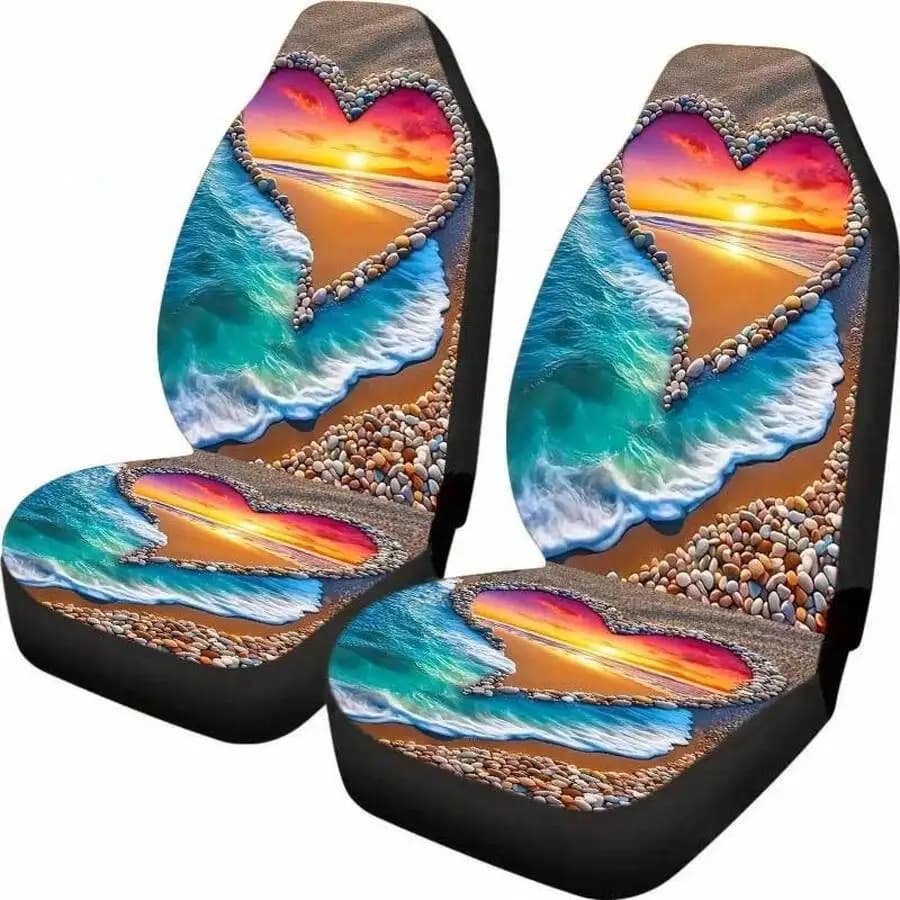 Ocean Sunset Heart Design Car Seat Covers Full Set Universal Front Seat Protection