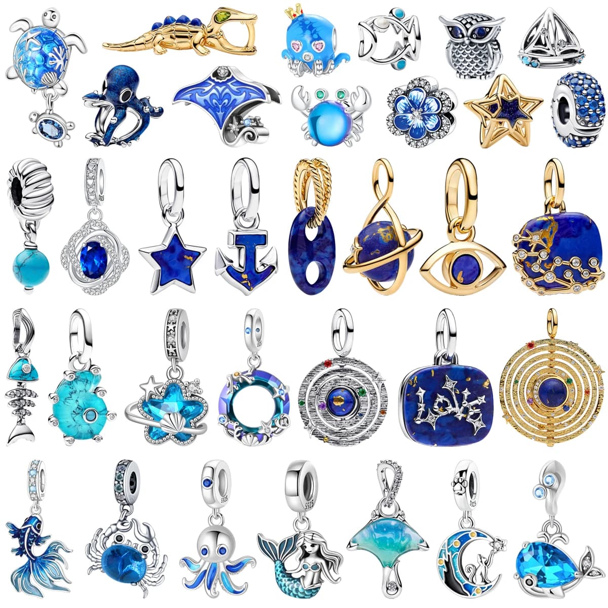 New 925 Sterling Silver Charms Blue Boat Anchor Sea Star Turtle Crab Octopus Fish Bead Pendant Fit Bracelet Necklace DIY Jewelry
