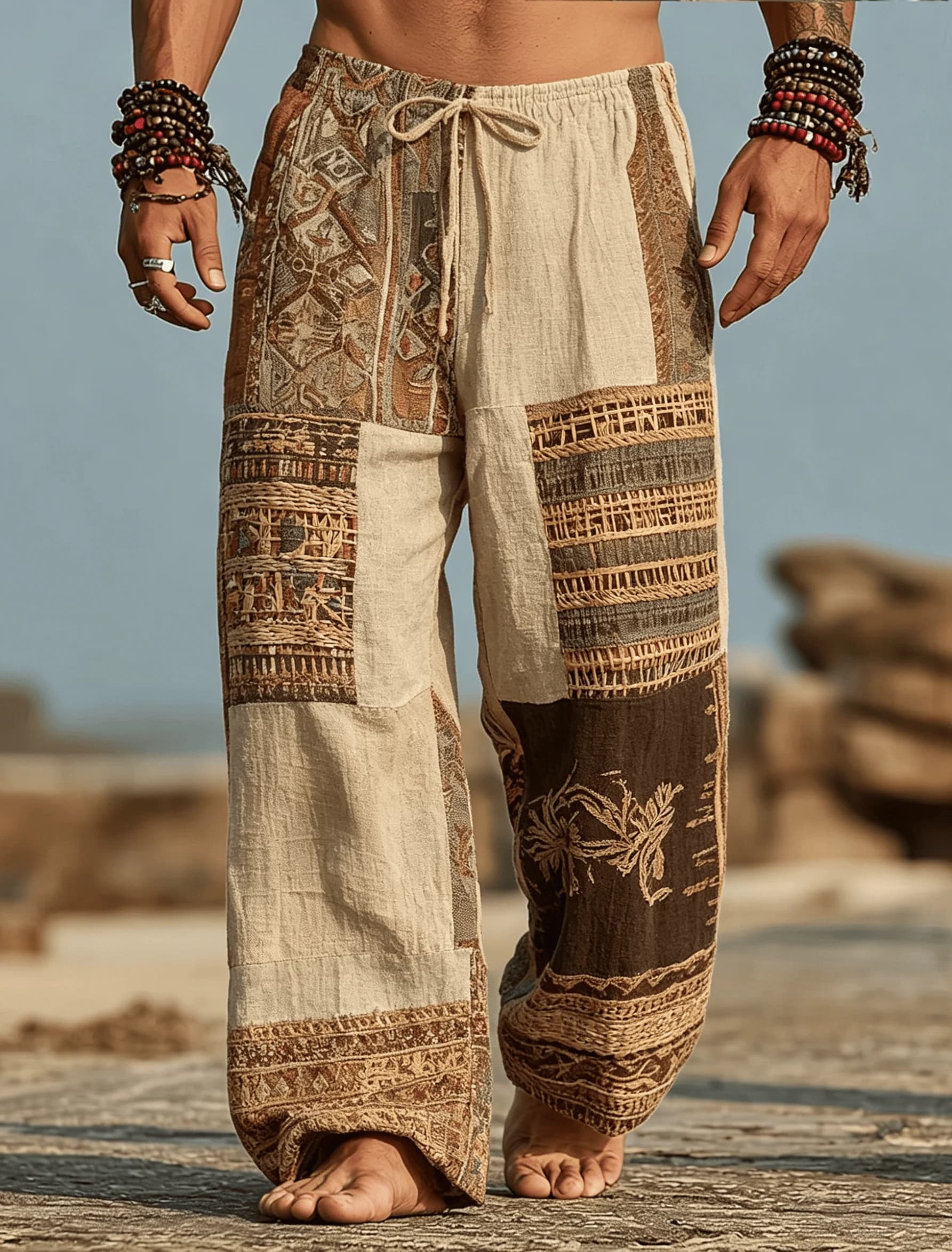 Men's Retro Tribal Print Casual Pants 3D Print Pants, Mid Waist Baggy Drawstring Pants with Pockets,Spring & Summer