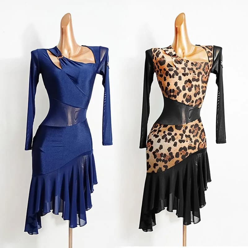 Abiti da ballo latino blu Donna Rumba Cha Cha Tango Performance Outfit Abiti da pratica a maniche lunghe Abbigliamento da ballo latino per adulti VDL4139