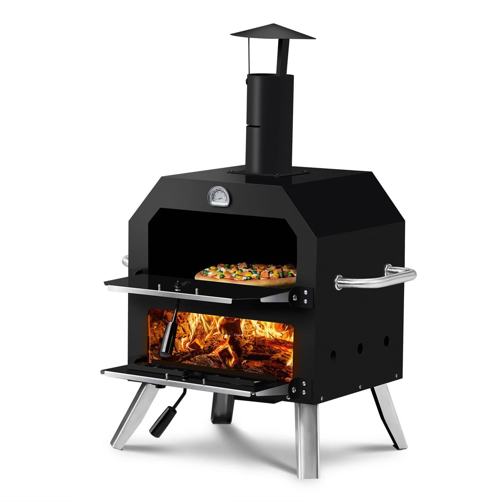 Forno per Pizza da Esterno a Legna a 2 Livelli con Pietra Refrattaria e Griglia Rimovibile per Campeggio e Barbecue in Giardino, Nero