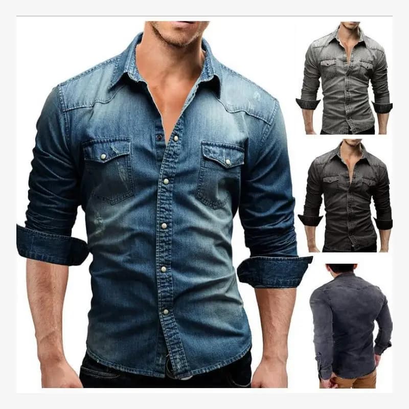 Men's Autumn Long SVE Cowboy Shirt Casual Jeans Blouse Standard Fit PU Leather Cotton Blend Long Sleeve Citywalk Fashion