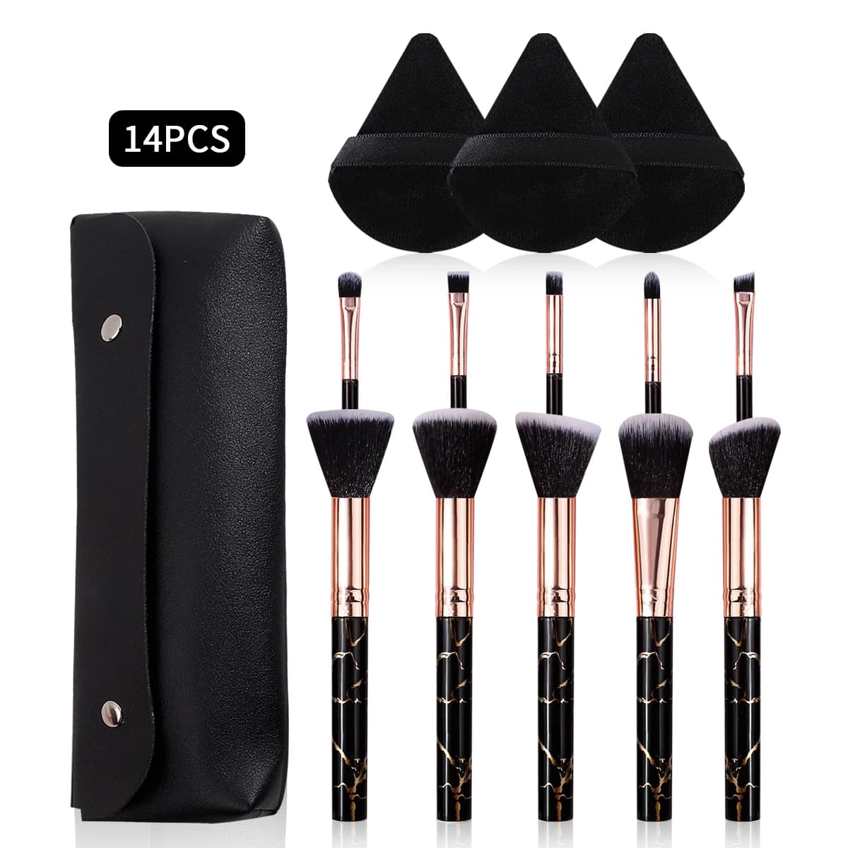 Set di pennelli per trucco multifunzionali con motivo in marmo nero da 14 pezzi + soffio per cipria triangolare morbido e custodia portatile