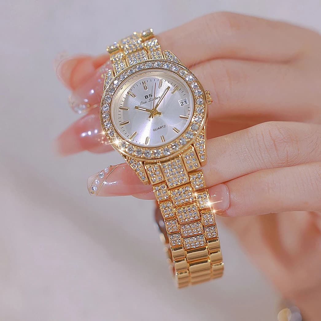 New Fashion Casual Ladies Wristwatch Luxury Crystal Quartz Watches Gold Silver Stainless Steel Band Calendar Watch For Womens