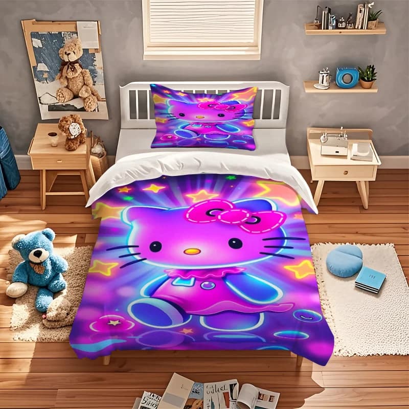 Set di biancheria da letto Sanrio Hello Kitty con stampa rosa, 3 pezzi, set copripiumino king size, biancheria da letto carina con cartoni animati per la decorazione della camera da letto delle bambine