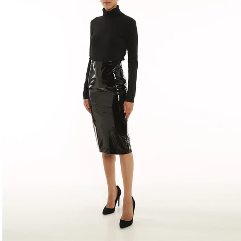 Faux Latex Pencil Skirts Women High Waist Bodycon Skirts Hems Split Office Lady Shiny Patent Leather Midi Skirts Clubwear Custom