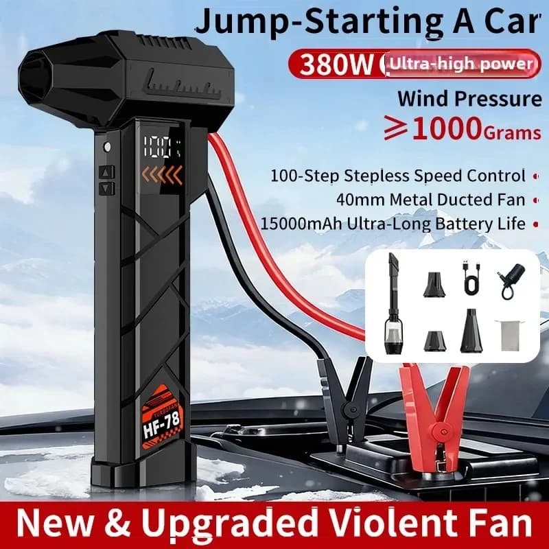 Aspirapolvere e Avviatore d'Emergenza per Auto 3-in-1 Turbo Jet Fan 380W 15000mAh, Pressione del Vento ≥1000g, Controllo a 100 Velocità, Batteria Portatile per Auto