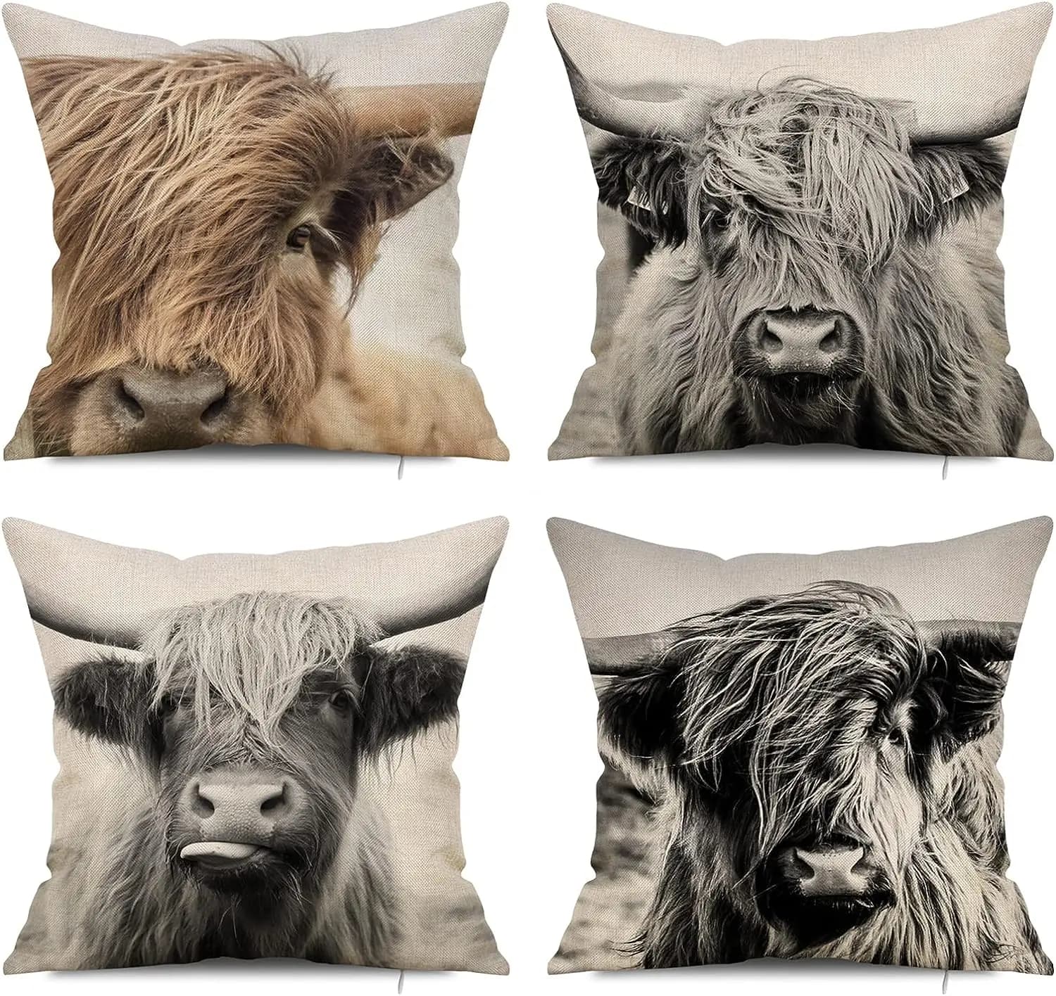 Federa per cuscino Highland Cow, federa decorativa in lino con stampa mucca, per divano, soggiorno, auto, camera da letto