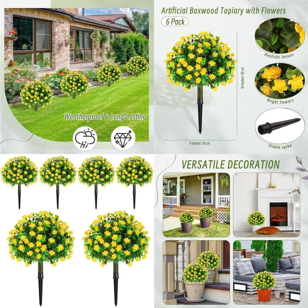 Sfere di Bosso Artificiale da 6 Piedi con Cespugli Inferiori, Arbusti Sempreverdi Resistenti ai Raggi UV per Decorazioni Esterne o Interne (Giallo)