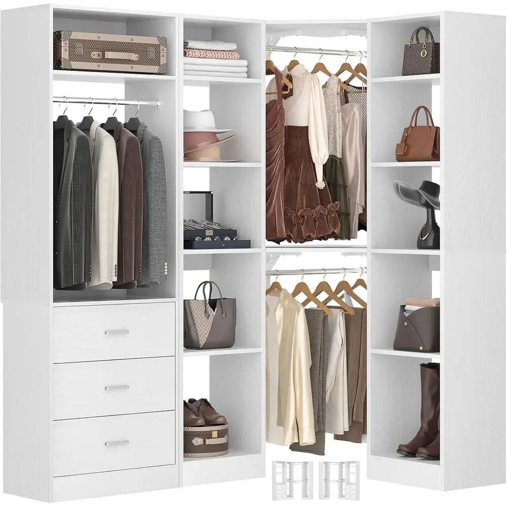 Closet System with 3 Ders, Closet Organizer System with 13 Shelves & 3 Hanging Rods, 63.2"L * 39.2"W Reversible L Shaped Walk-in
