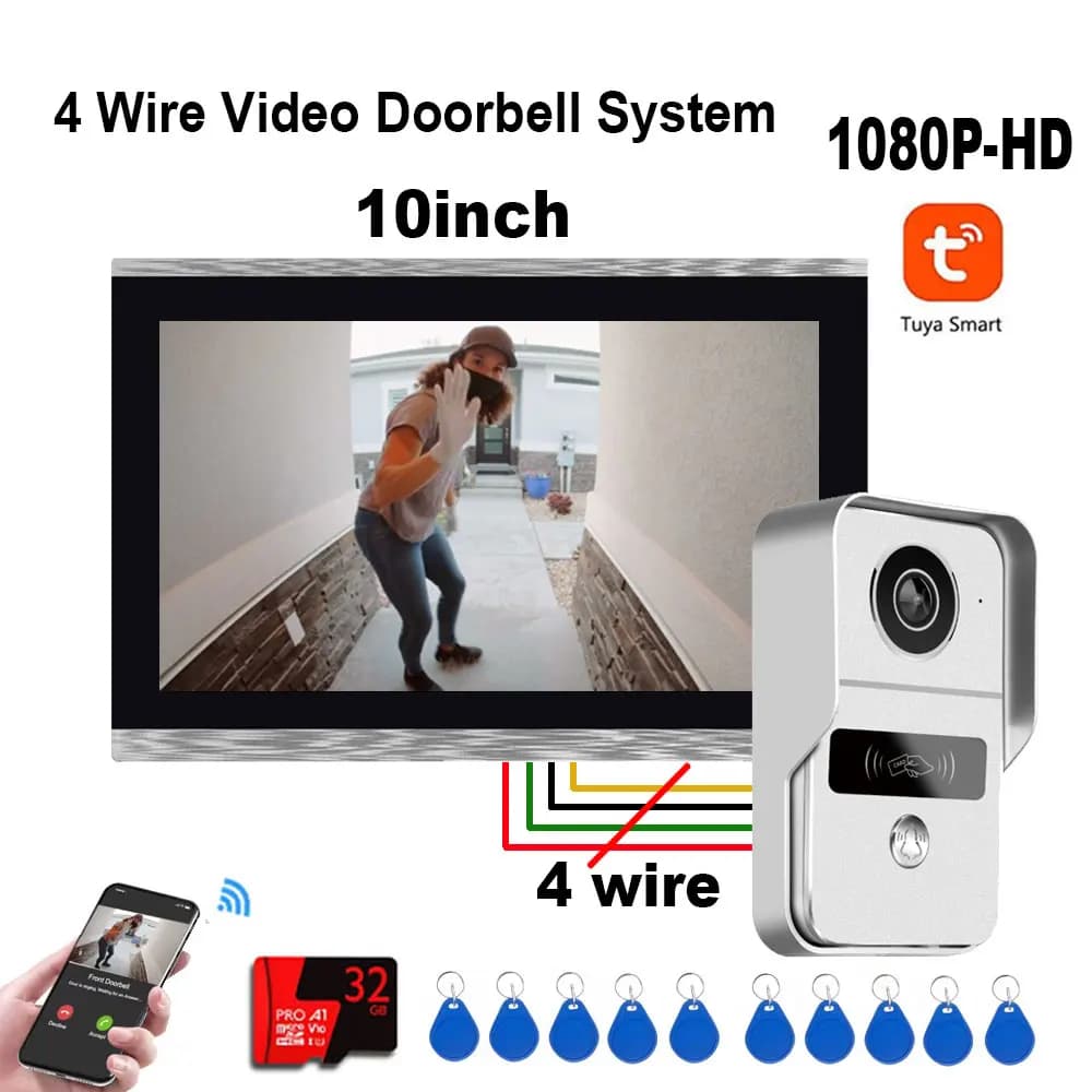 Videocitofono Smart Tuya 1080P con Schermo Touch da 10 Pollici, WiFi 5G/2.4G, Connessione a 4 Fili, Kit Interfono Video con Sblocco Tramite App e Tessera ID
