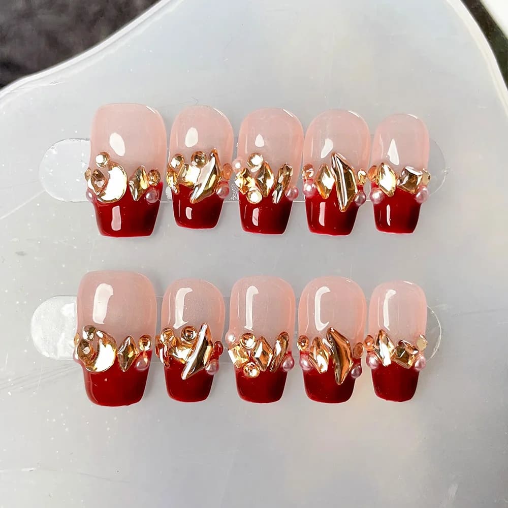 Kit di 10 Unghie Finte Trapezoidali Corte Fatte a Mano, Unghie Finte Rosso Vino, Elegante Arte delle Unghie Indossabile, Anello con Strass