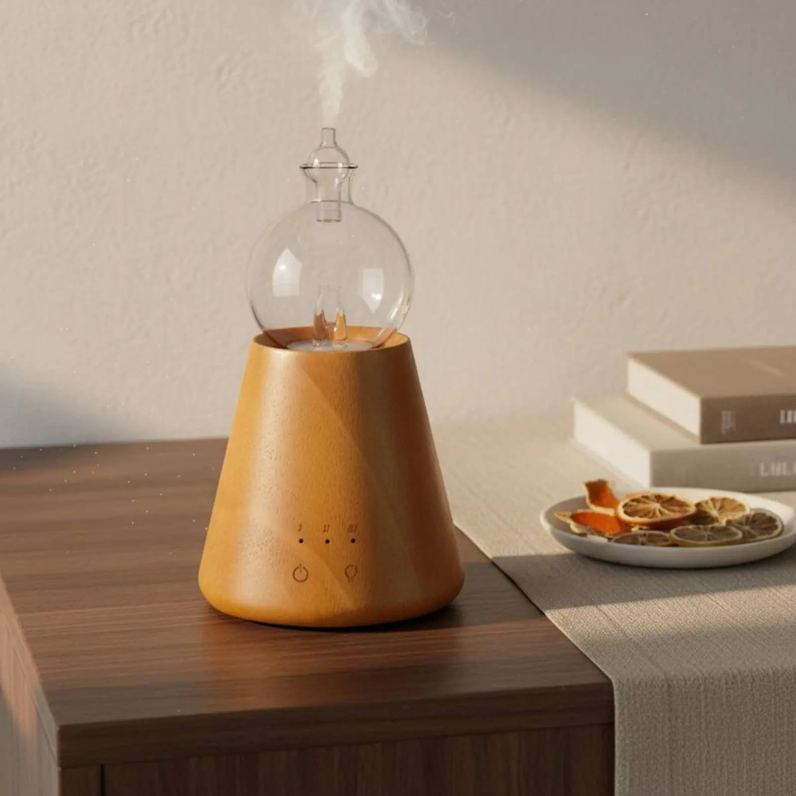 Diffusore di Oli Essenziali Senz'Acqua, Funzione Silenziosa, Nebulizzatore in Legno e Vetro, Diffusore di Fragranze, Luce Notturna Ambientale