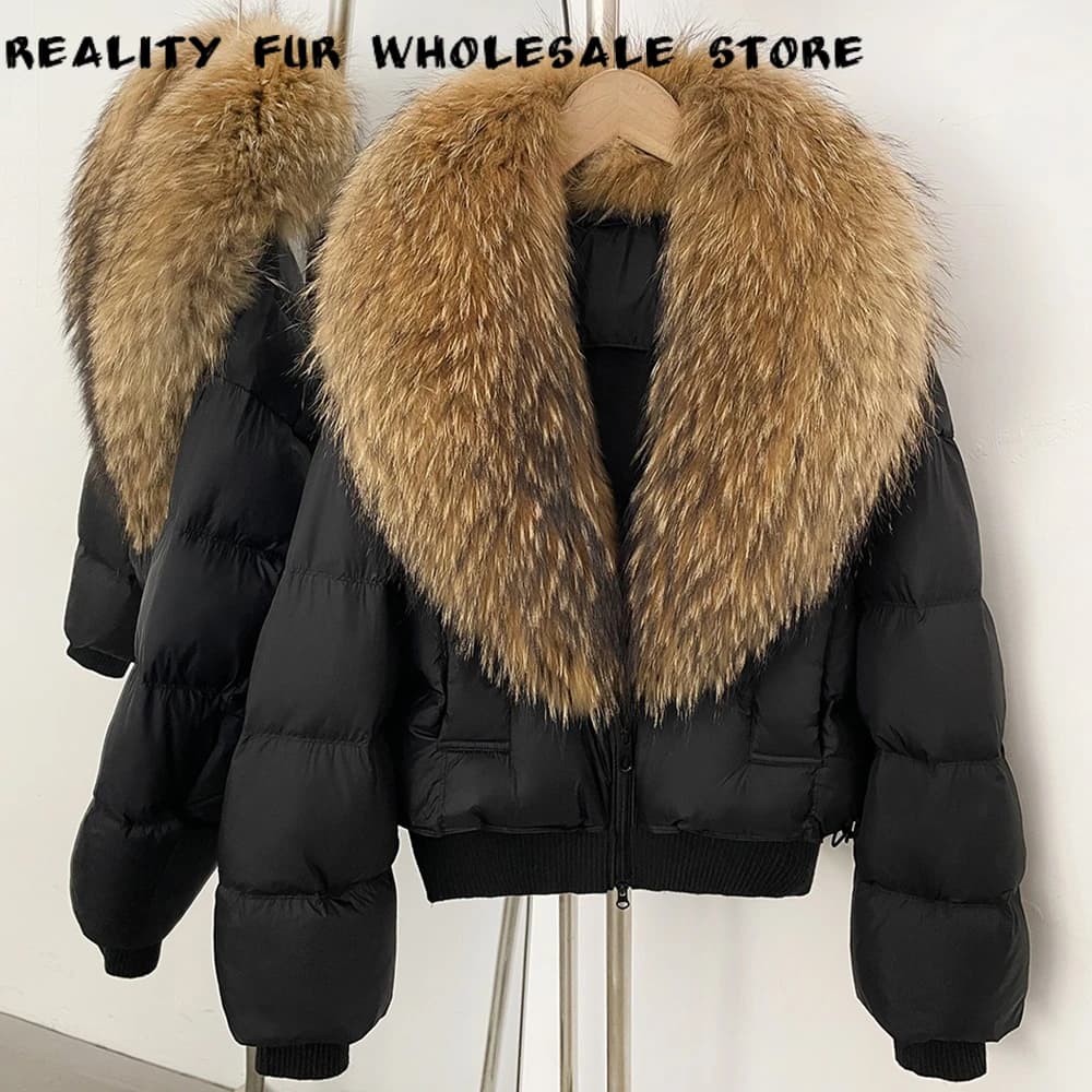 Women's Slim Fit Short Puffer Jacket Zipper Closure Street Style Premium Genuine Fur Coat Winter Outerwear Cold Weather Outfit