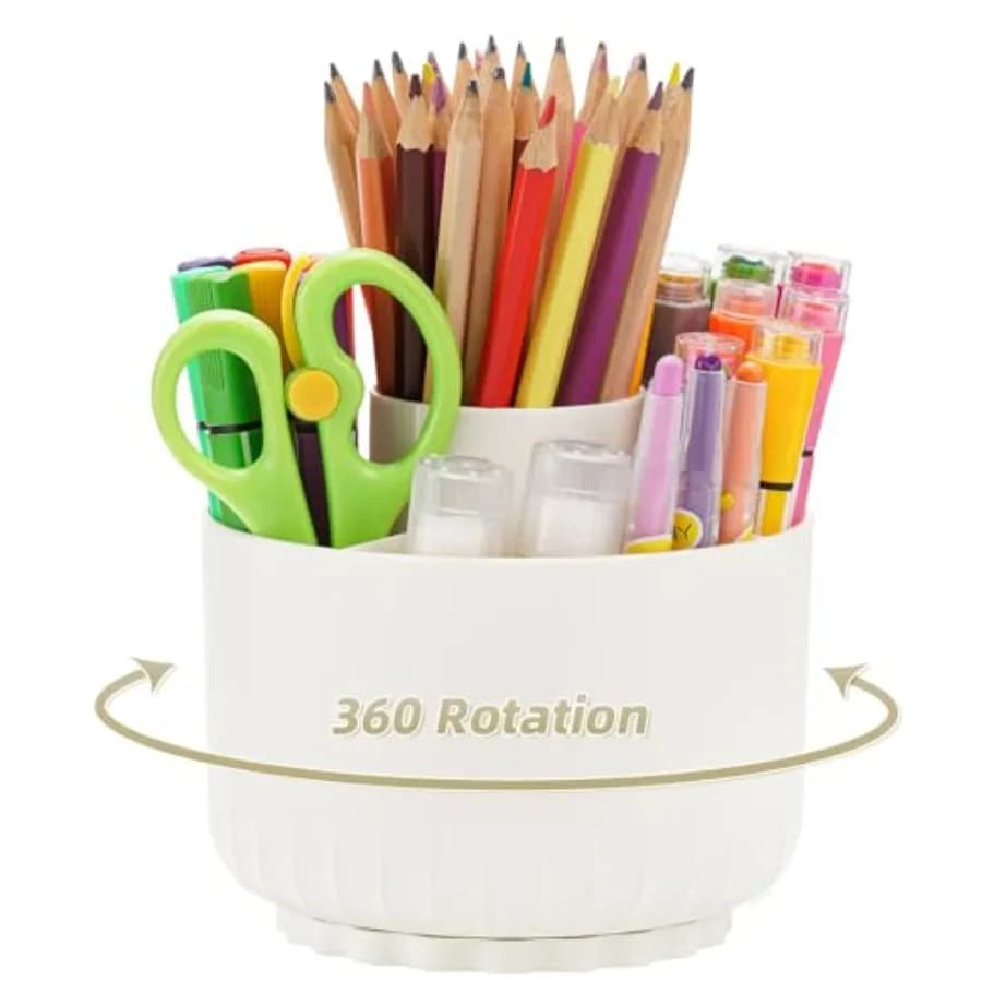 Desk Organizer, 360-Degree Rotating Pen Pencil Holder, Desk Organizers and Accessories with 5 Compartments Pencil Organizer, Ar