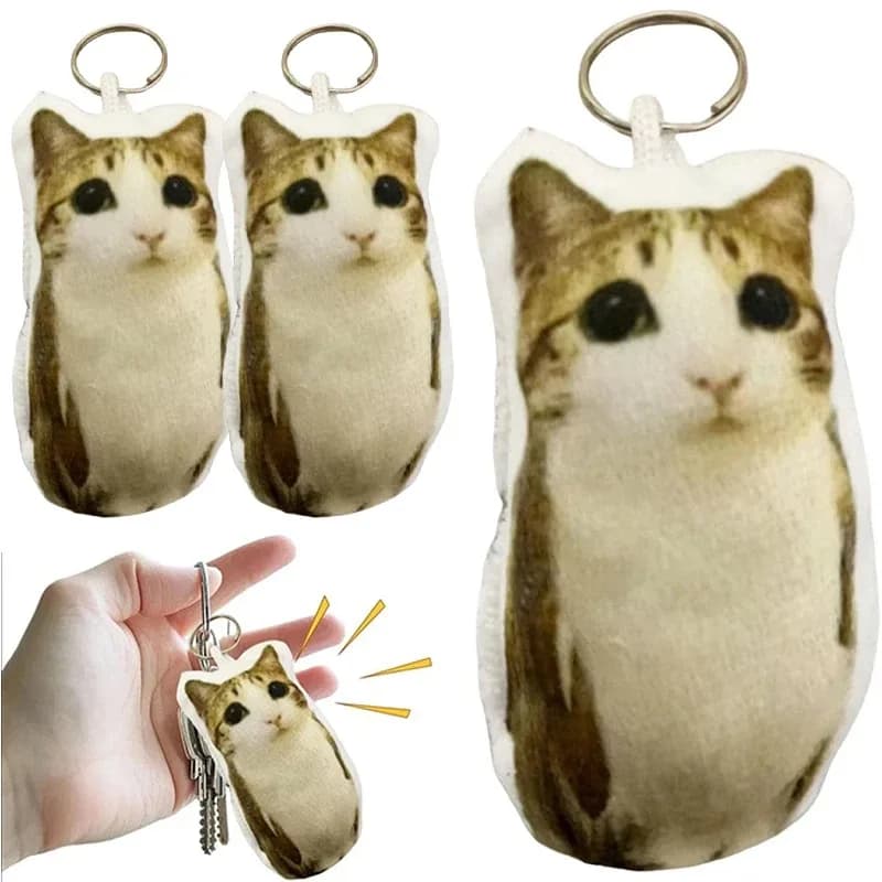 Funny Meowl Voice-Playing Plush Keychain Realistic Cat Meow Sound Toy Squeeze Stress Relief Charm High-Definition Print Feline