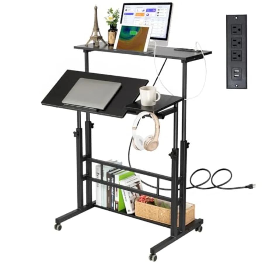 Scrivania Portatile Regolabile in Altezza con Ruote, Carrello Mobile per Computer Portatile e Disegno, Stazione di Ricarica, Supporto per Piccola TV
