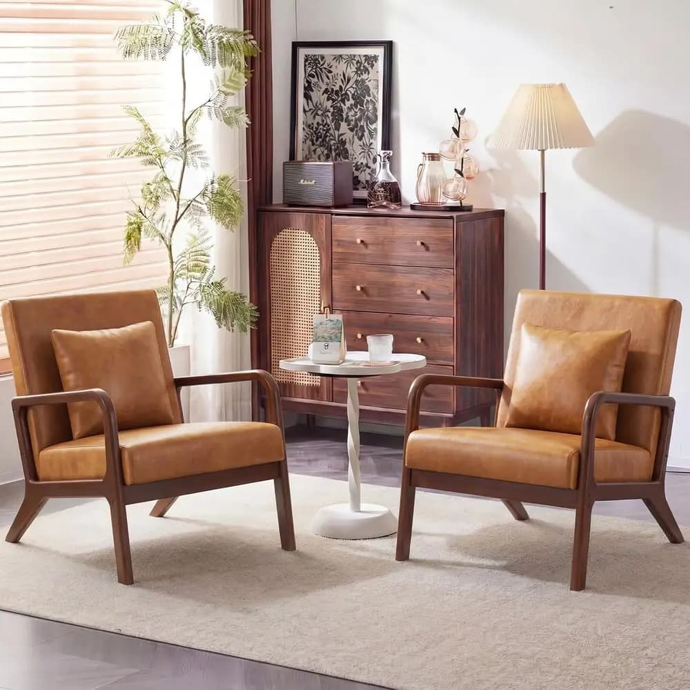 Poltrona in Rovere Massiccio con Cuscino Lombare Imbottito, Comoda Sedia Lounge in Ecopelle Marrone per Soggiorno o Camera da Letto