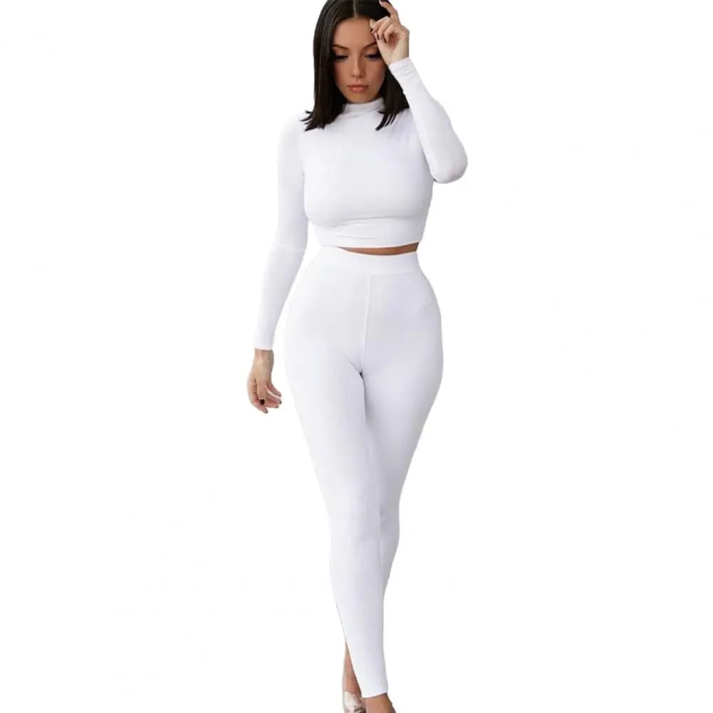 Women Two Piece Set Polyester Simple Solid Color Set Women’s Two-piece Outfit Set Long Sleeve Crop Top with High for Autumn