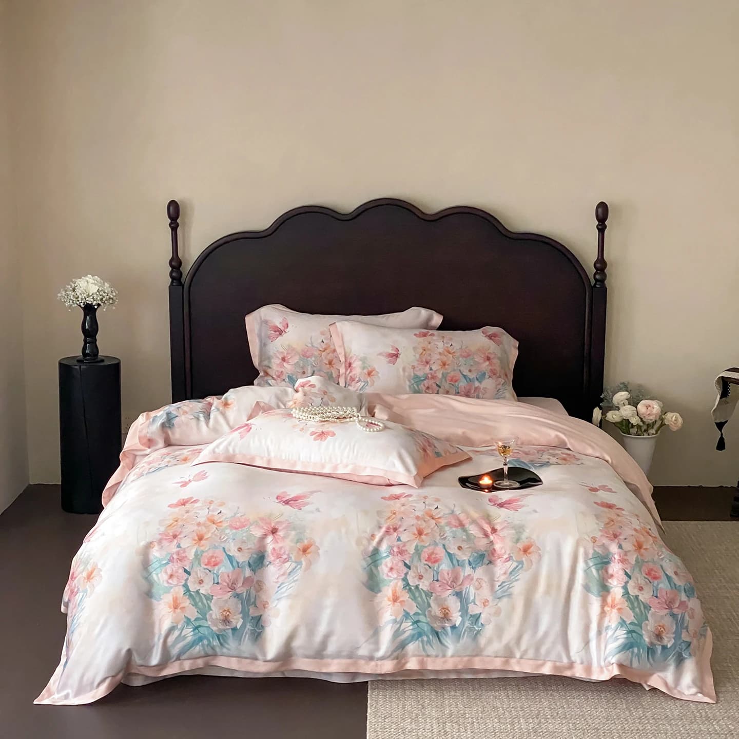 Set di Biancheria da Letto di Lusso Estivo in Lyocell 600TC, Morbido e Setoso, con Stampa Floreale, Set Copripiumino, Lenzuolo Piatto/Con Angoli e Federe, 4 Pezzi