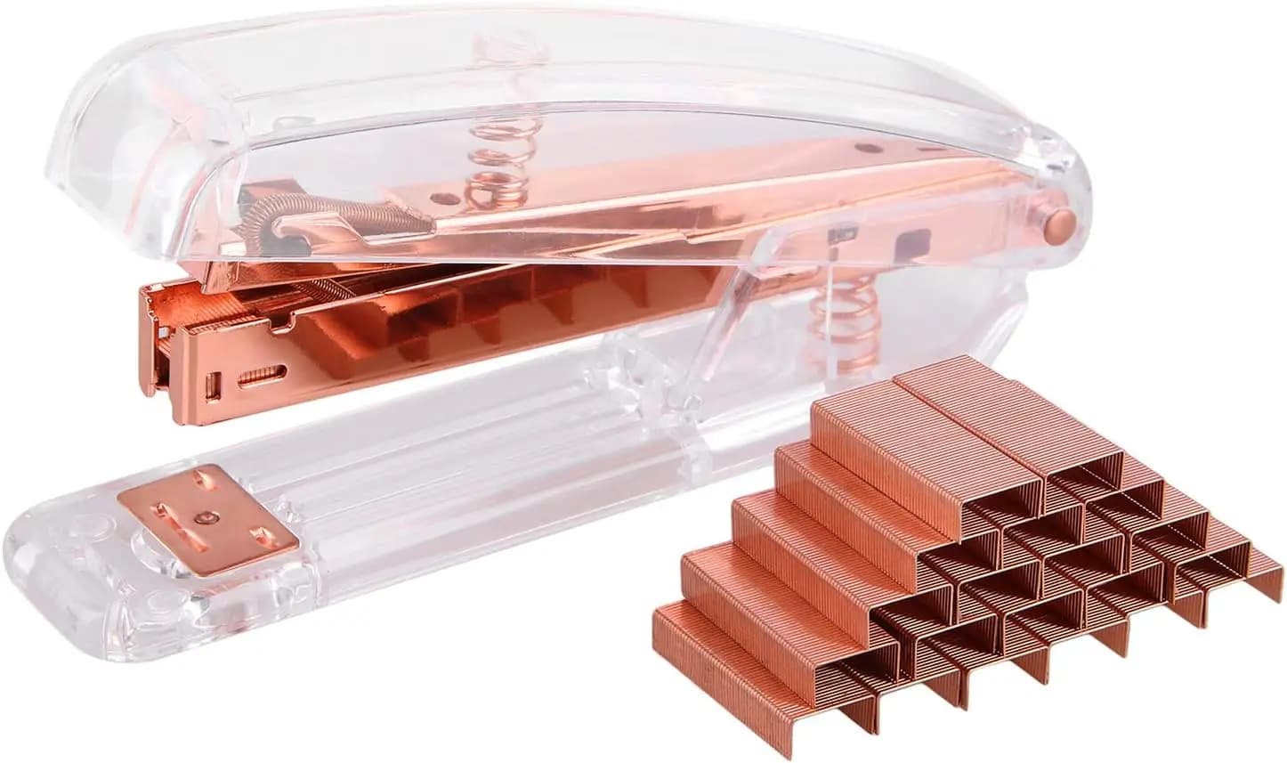 Cucitrice da scrivania trasparente con 1000 graffette color oro rosa - Compatta e resistente per uso ufficio