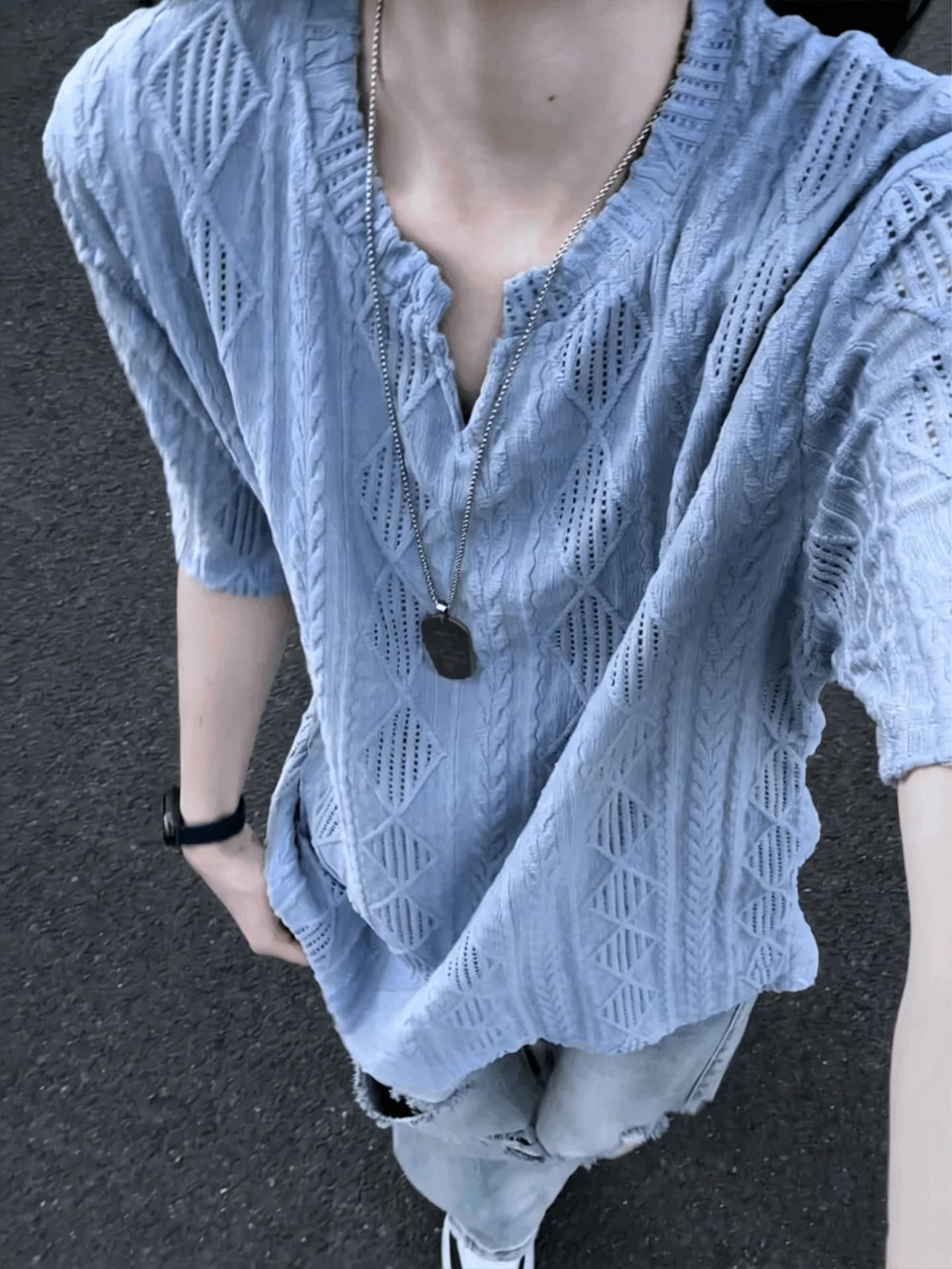 T-shirt da uomo con scollo a V, traspirante, in rete traforata, leggera, estiva, a maniche corte, Cleanfit, in fibra di poliestere, alla moda, casual.