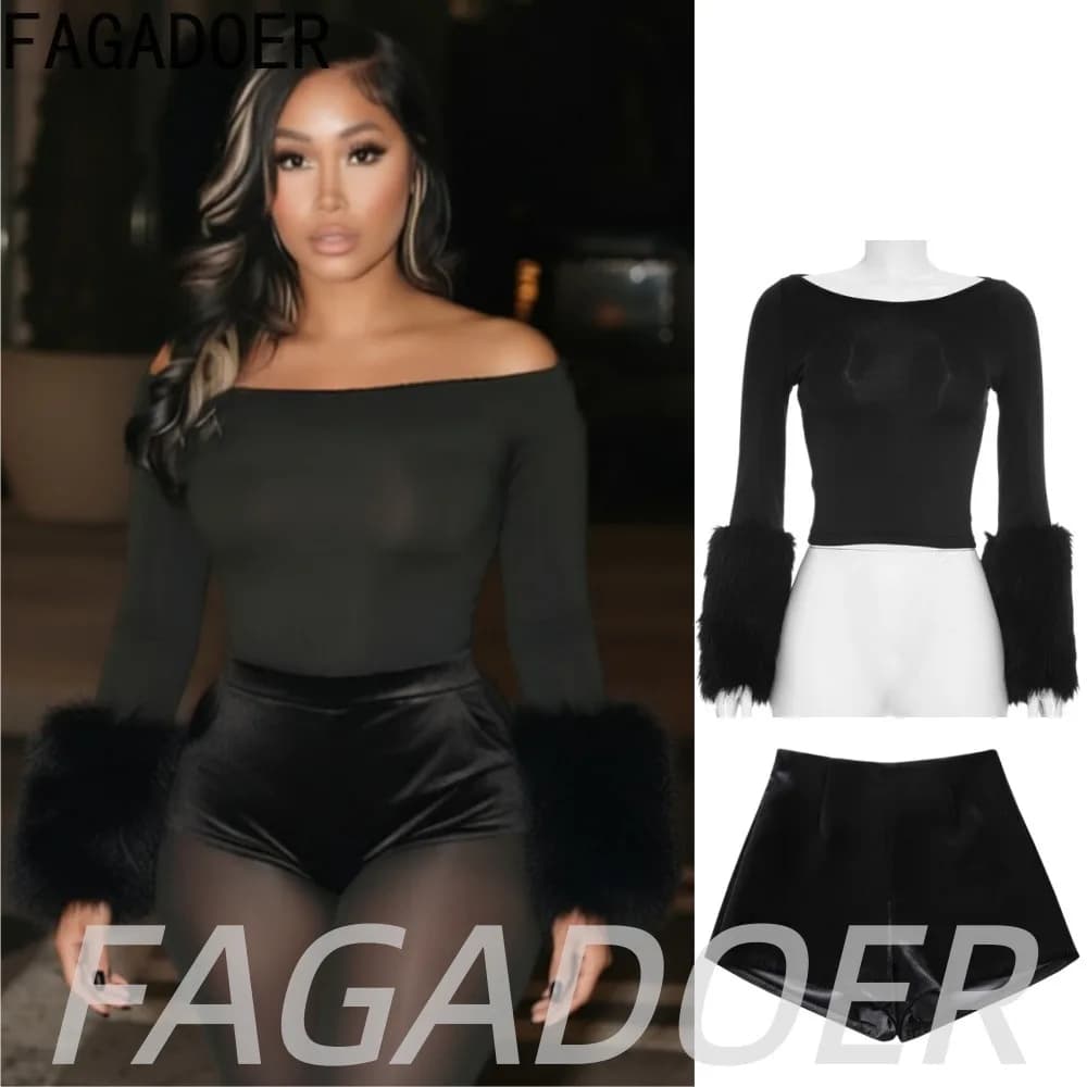 FAGADOER Summer Fashion Velvet Shorts Two Piece Sets Women Elegant Off Shoulder Faux Fur Trim Crop Top + Bodycon Shorts Outfits