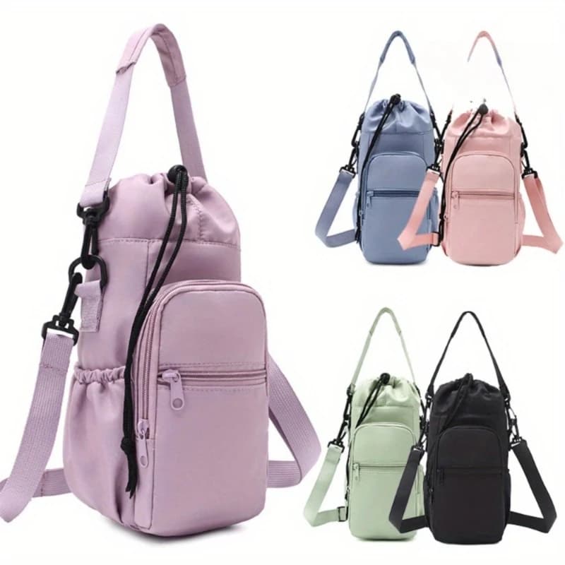Portable water cup bag, mobile phone bag, water cup bag with a slanted strap for carrying the water bottle.