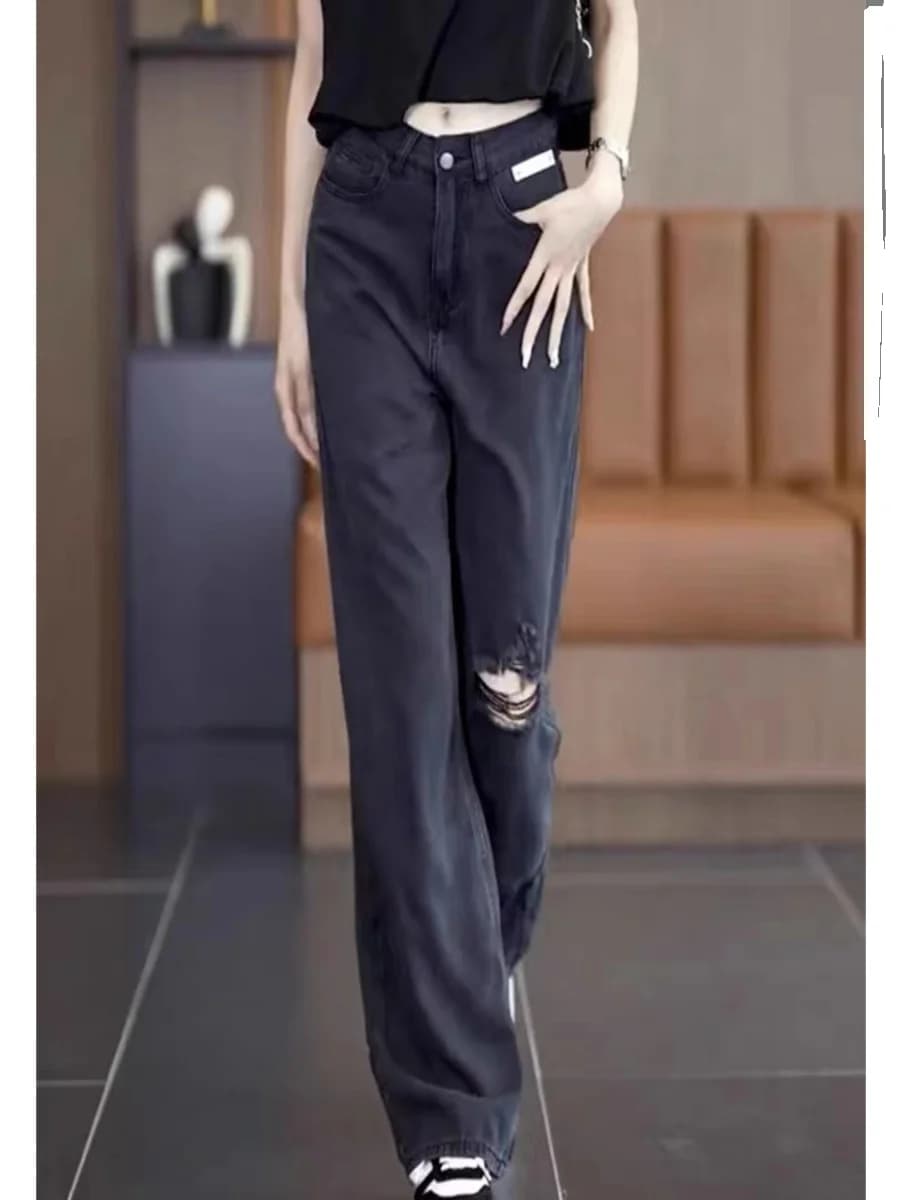 plus Size Black Lyocell Denim Jeans Women's Autumn Winter Thin Straight Leg Wide Leg Long Pants High Waist Casual Trousers