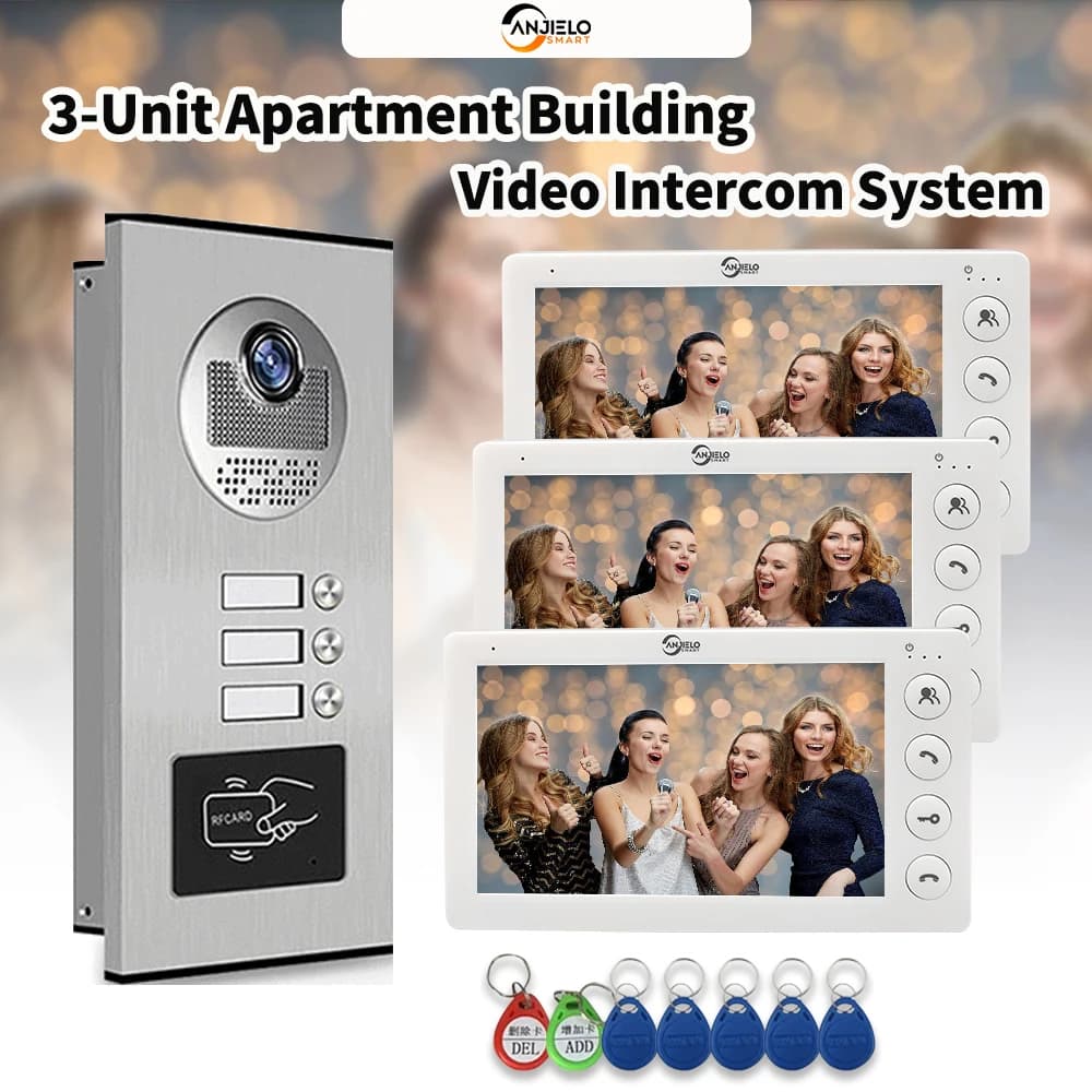ANJIELO 4 Videocitofono cablato da 7 pollici Sistema 2/3/4 unità Multi appartamento Citofono Videocitofono con sblocco scheda RFID